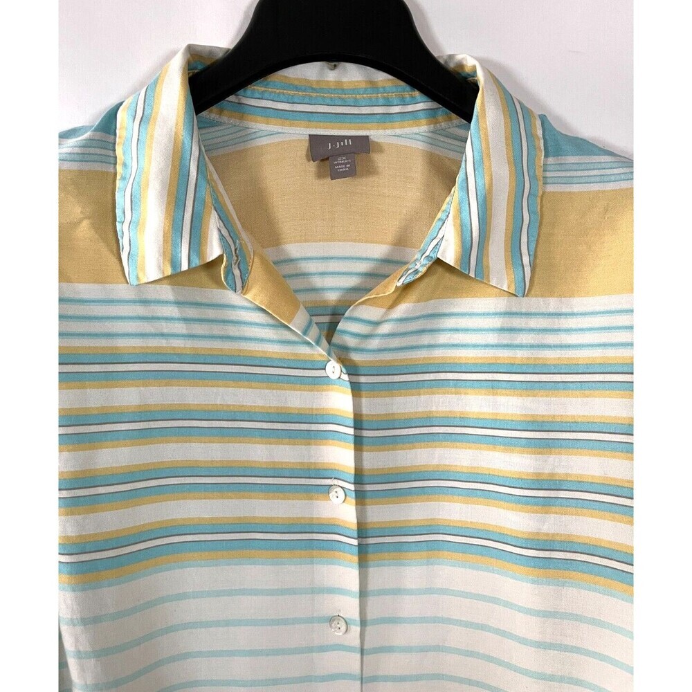 J. Jill Silk Top 2X Button Up Long Sleeve Stripe Classic Nautical Work‎ Classic